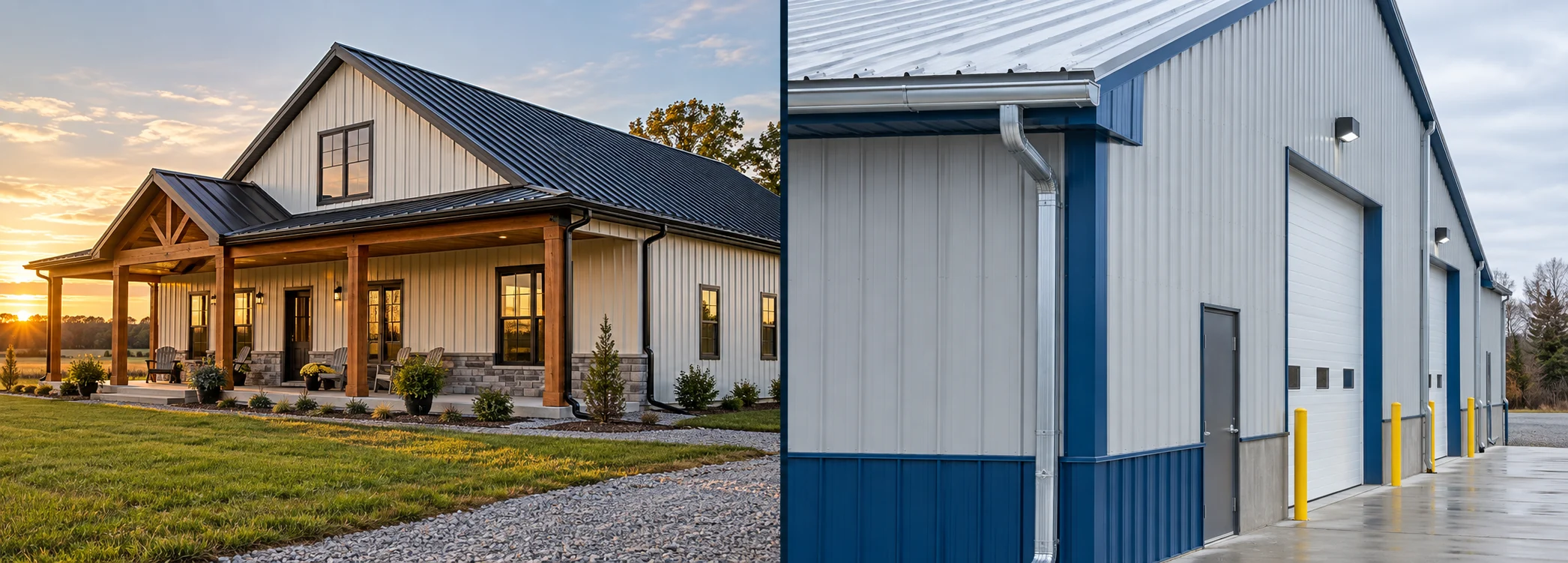 Barndominium with black gutters and a separate metal industrial exterior