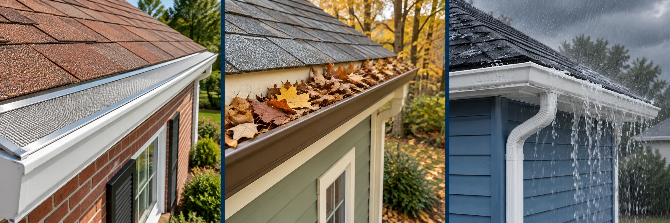Left: gutter guard mesh. Center: leaves filling a gutter. Right: rain overflowing the gutter edge.