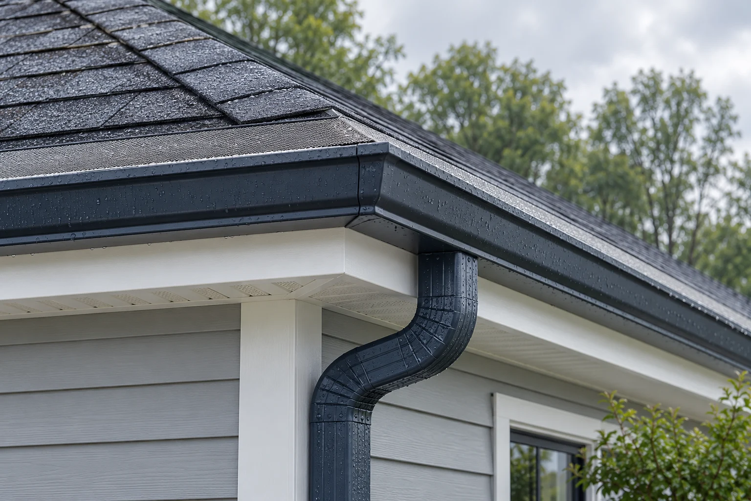 Dark gutters and a downspout on a home